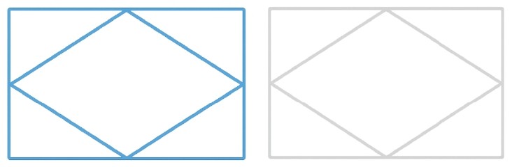 Light-gray outline of a rhombus perfectly inscribed within a rectangle on a transparent background, used for a one-stroke drawing exercise