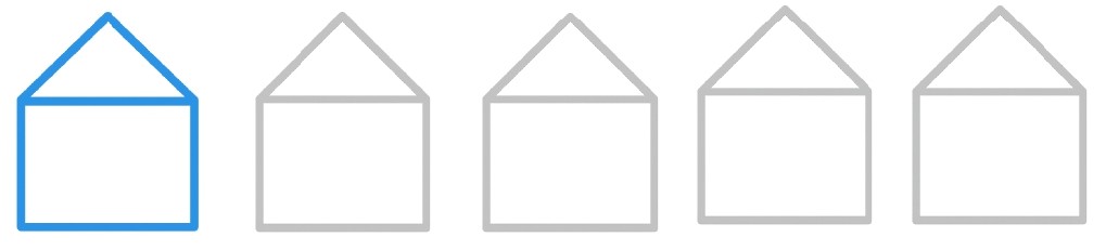 Row of five house outlines: the first outlined in blue, the next four in light gray, illustrating a step-by-step tracing sequence for a one-stroke drawing exercise