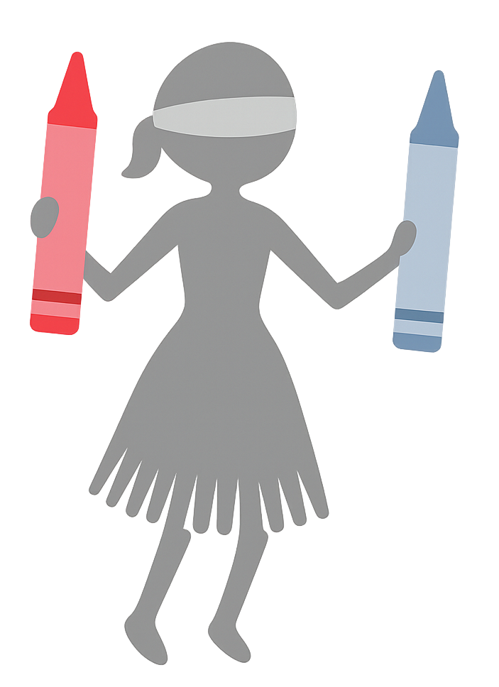 Blindfolded girl-figurine holding a red and a blue crayon – graphic for a combinatorics problem about drawing crayons at random