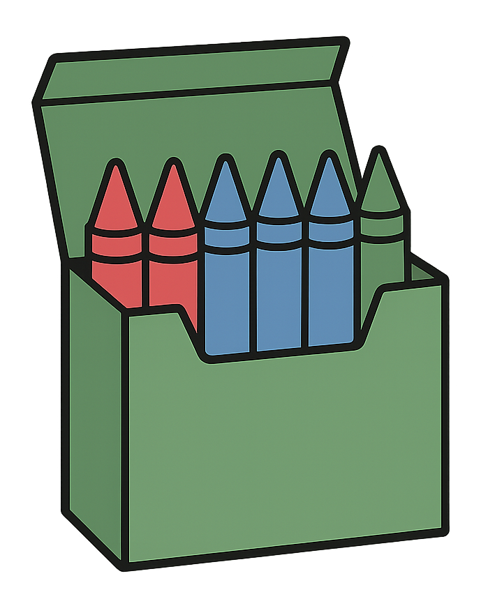 Gray box of crayons for a counting-and-combinatorics problem: 2 red, 3 blue, 1 green.
